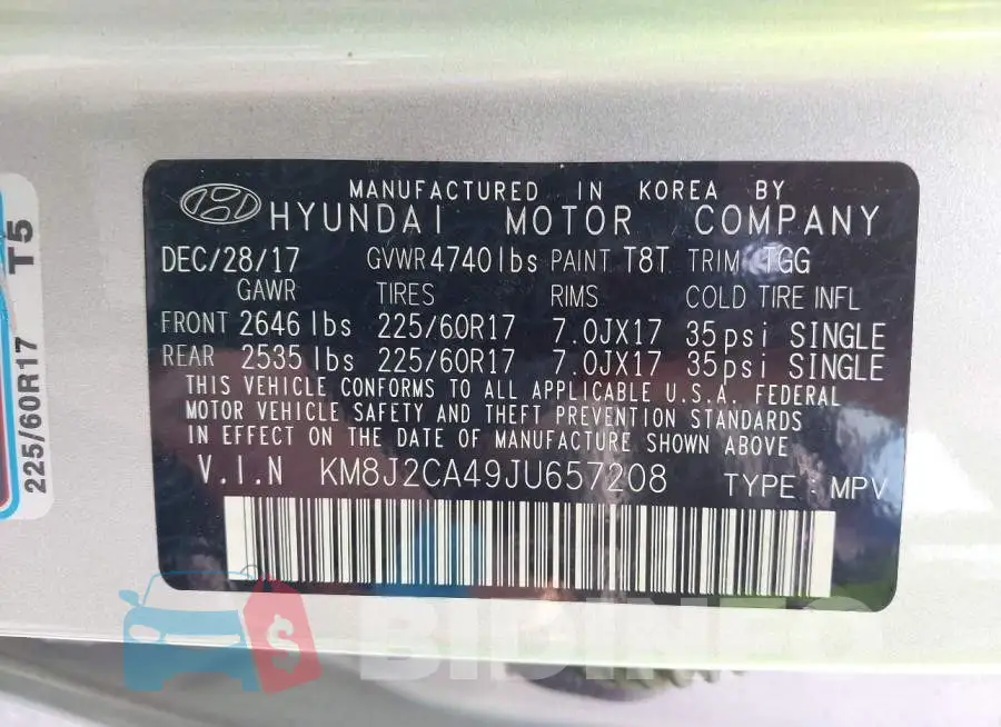 KM8J2CA49JU657208 Photo# 9