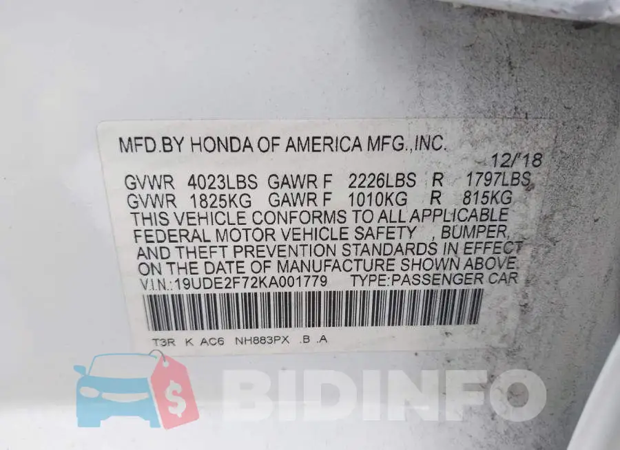 19UDE2F72KA001779 Photo# 9