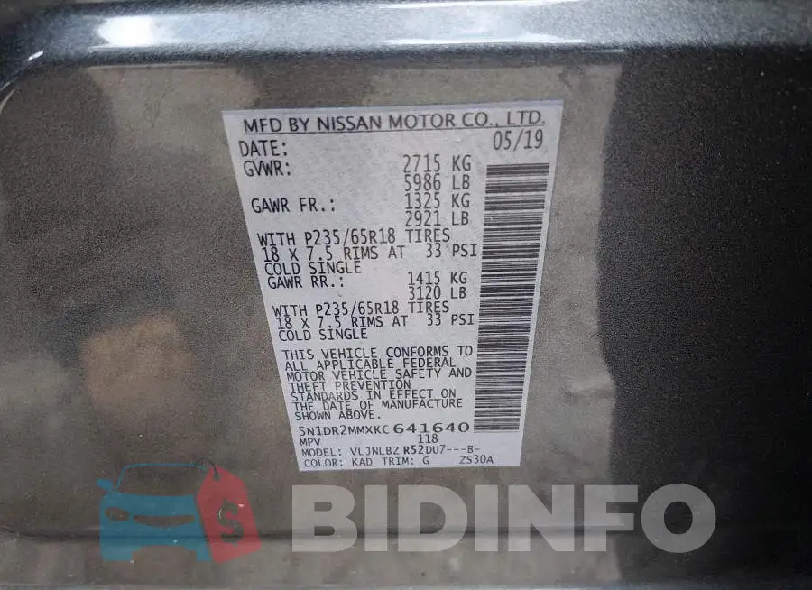 5N1DR2MMXKC641640 Photo# 9