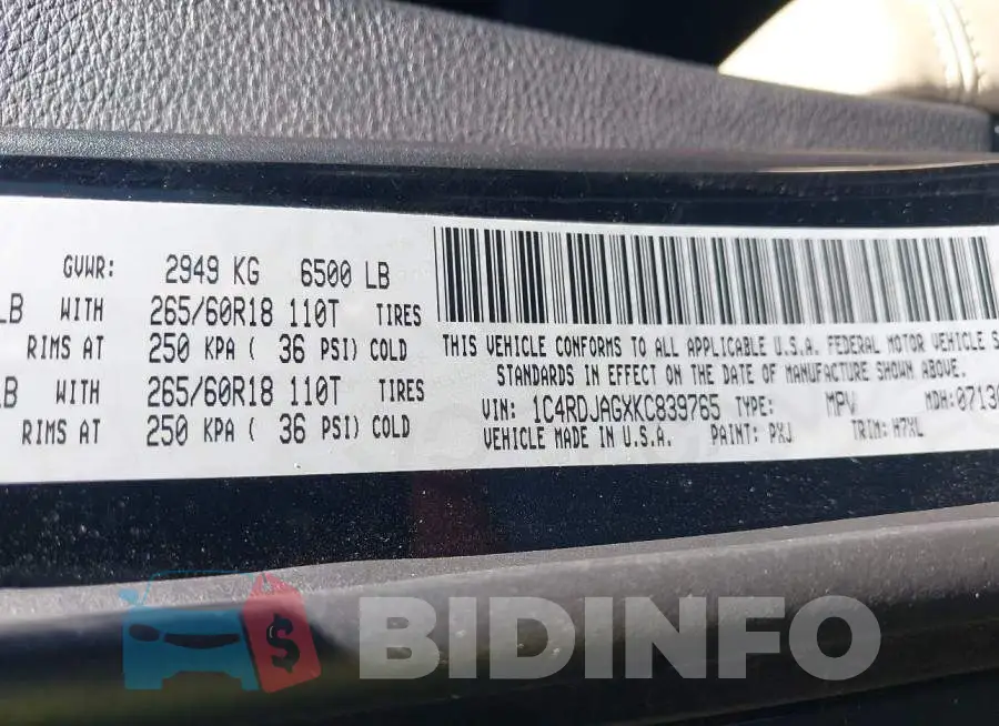 1C4RDJAGXKC839765 Photo# 9
