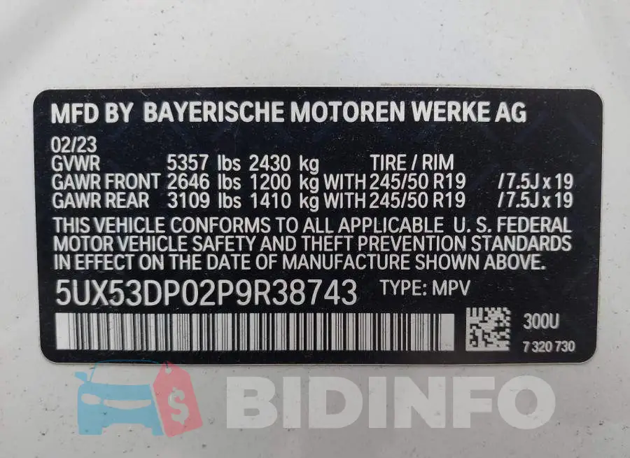 5UX53DP02P9R38743 Photo# 9