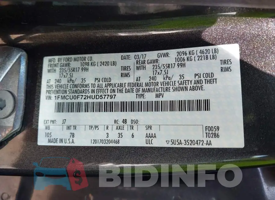 1FMCU0F72HUD57797 Photo# 9