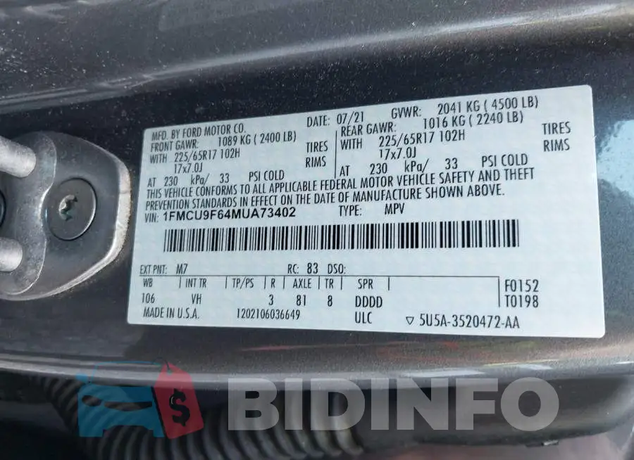 1FMCU9F64MUA73402 Photo# 9