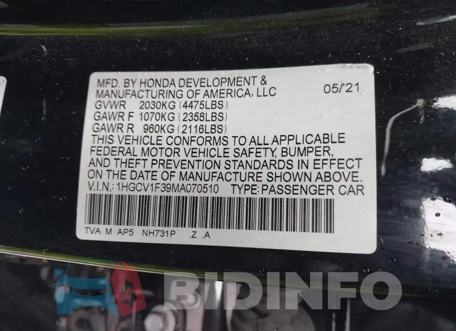 1HGCV1F39MA070510 Photo# 9