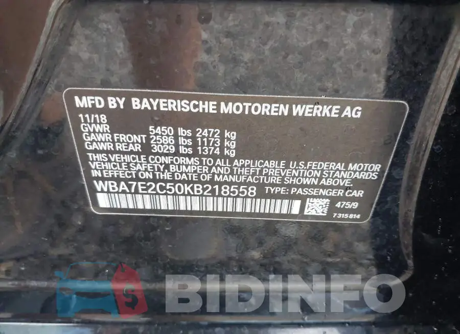 WBA7E2C50KB218558 Photo# 9