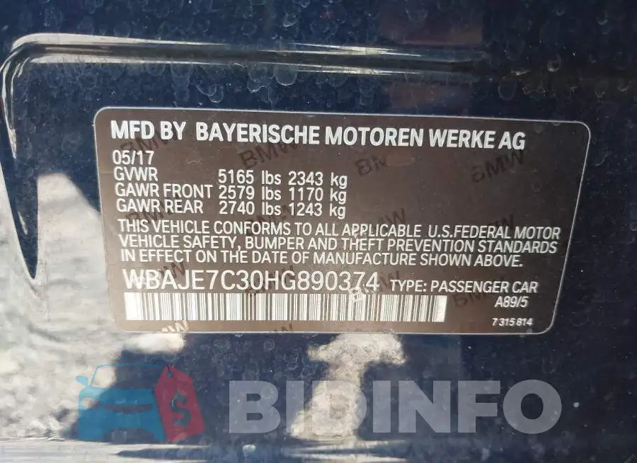 WBAJE7C30HG890374 Photo# 9