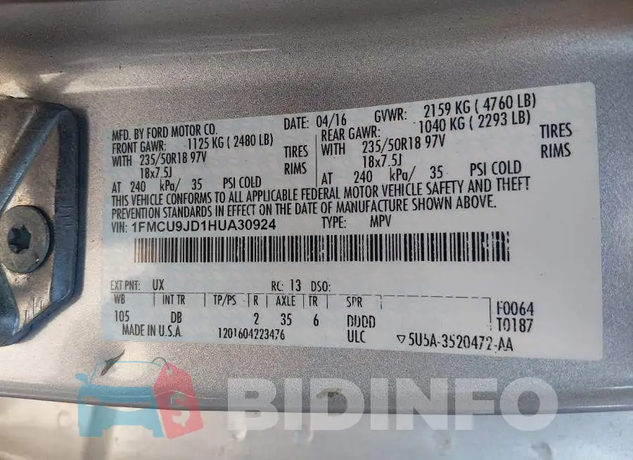 1FMCU9JD1HUA30924 Photo# 9