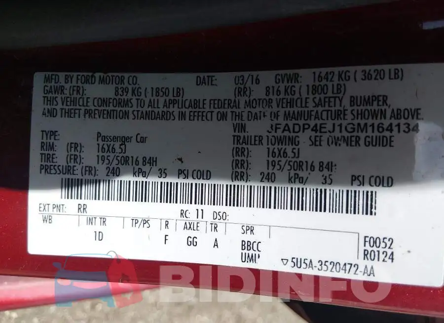 3FADP4EJ1GM164134 Photo# 9
