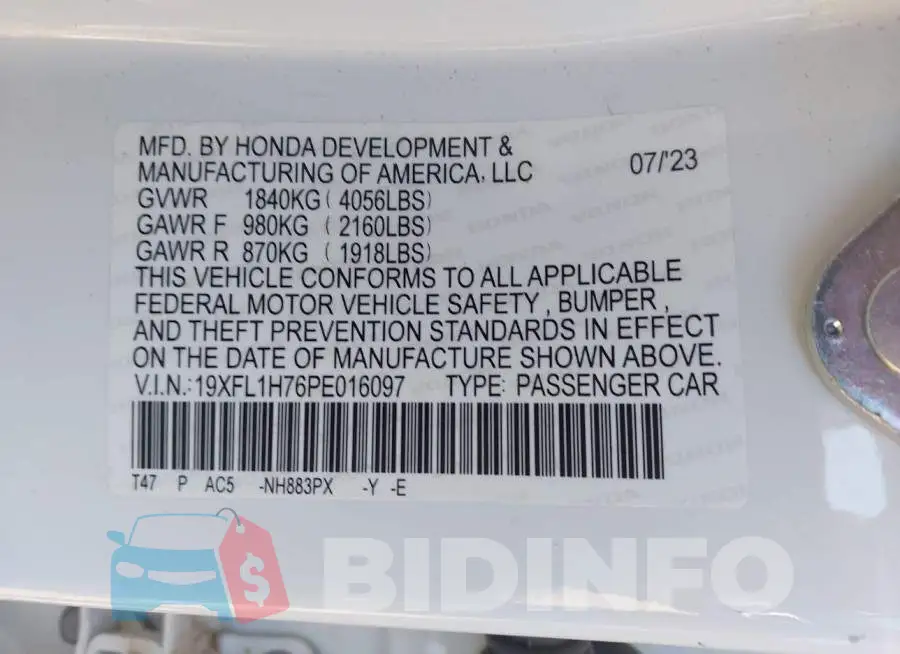 19XFL1H76PE016097 Photo# 9