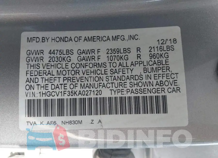 1HGCV1F35KA027120 Photo# 9