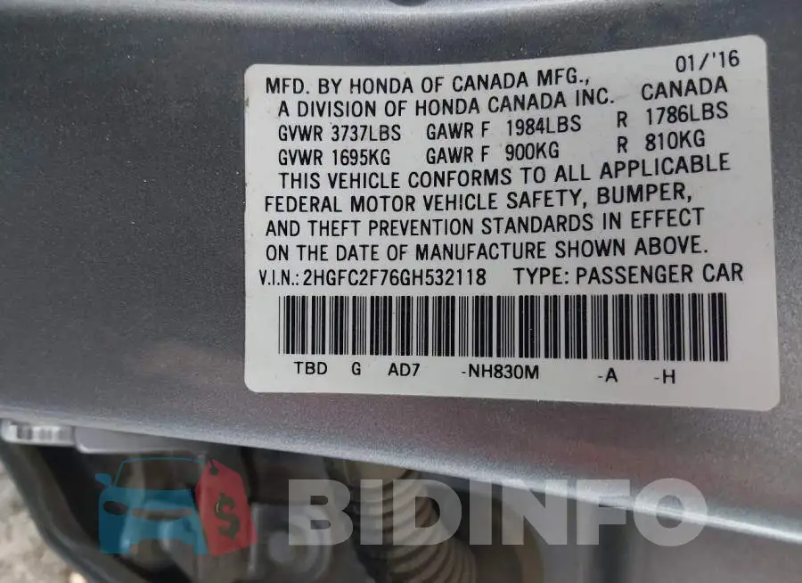 2HGFC2F76GH532118 Photo# 9