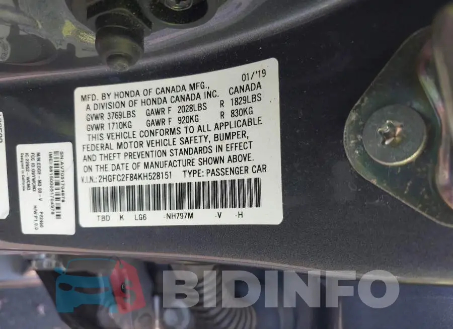 2HGFC2F84KH528151 Photo# 9