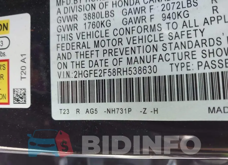 2HGFE2F58RH538630 Photo# 9
