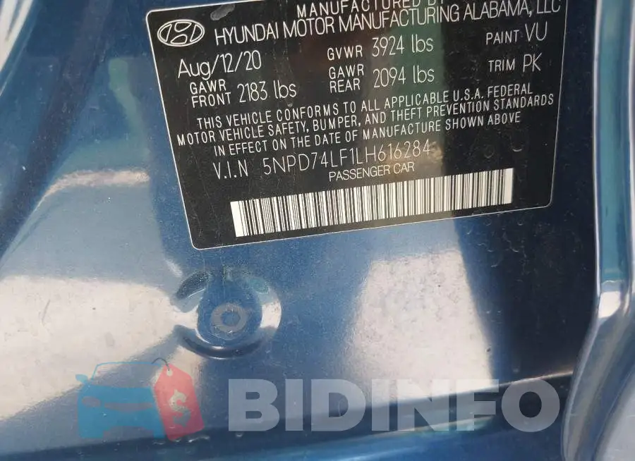 5NPD74LF1LH616284 Photo# 9