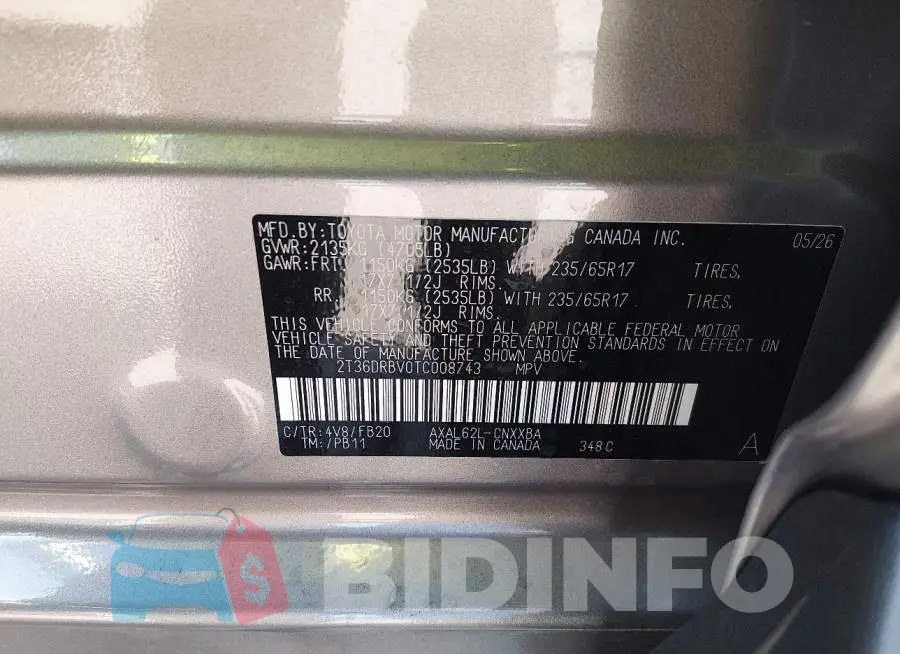 2T36DRBV0TC008743 Photo# 9