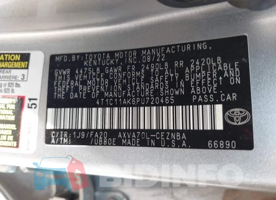 4T1C11AK6PU720465 Photo# 9