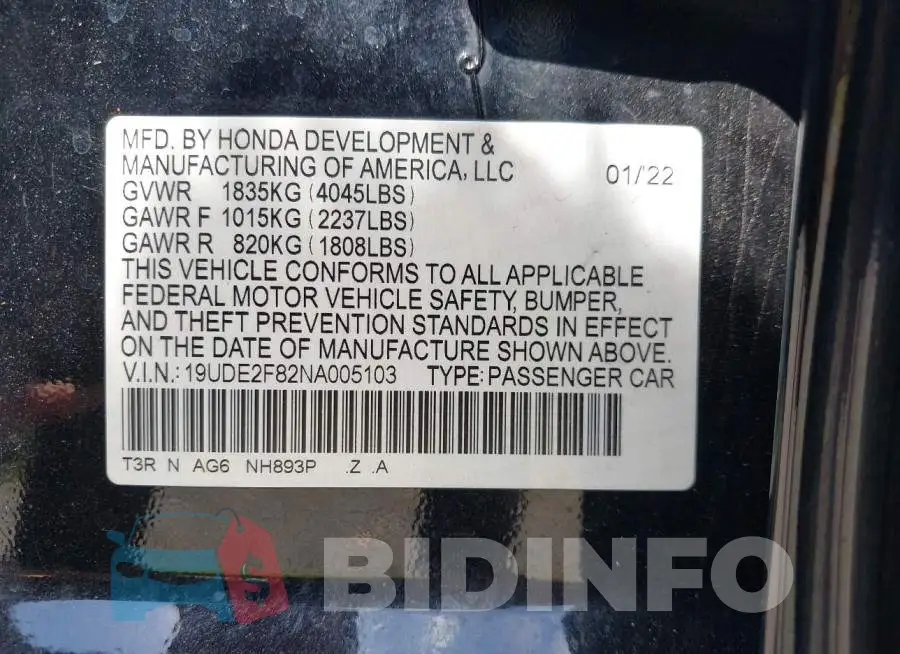 19UDE2F82NA005103 Photo# 9