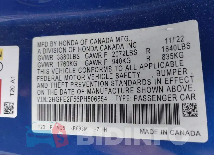 2HGFE2F56PH506854 Photo# 9