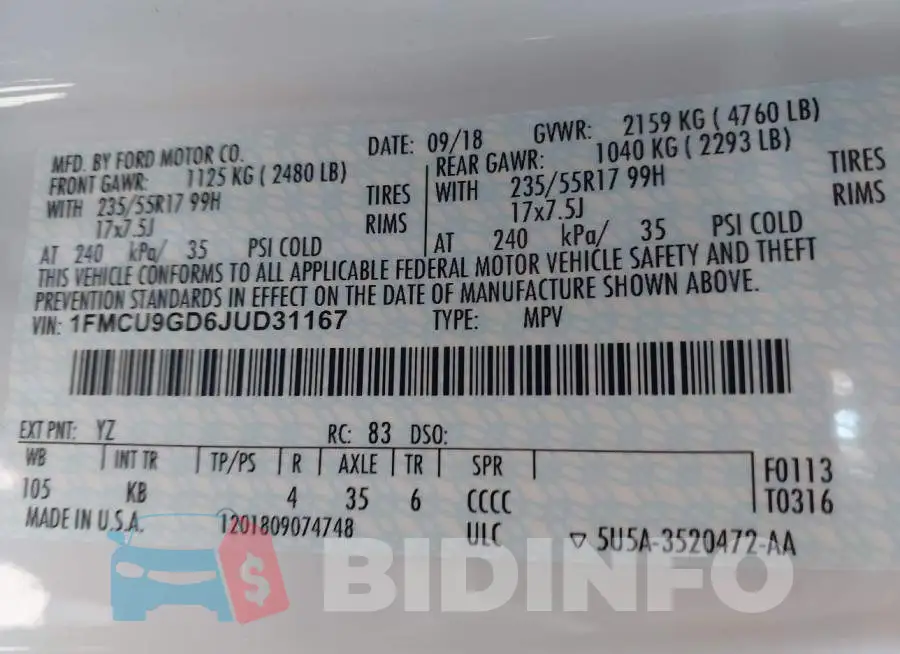 1FMCU9GD6JUD31167 Photo# 9