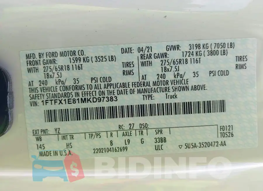 1FTFX1E81MKD97383 Photo# 9
