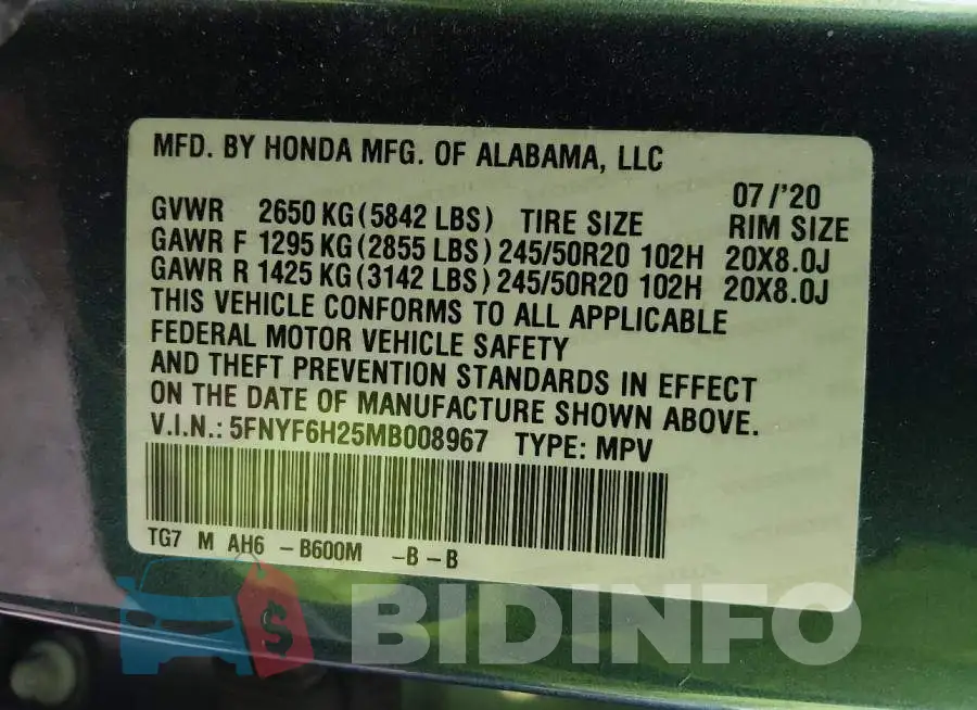 5FNYF6H25MB008967 Photo# 9