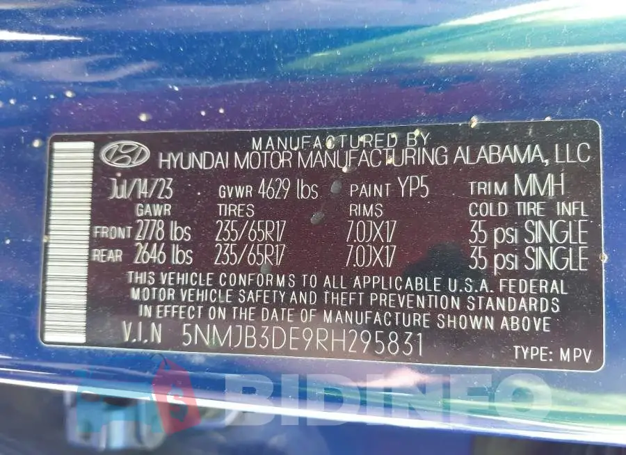 5NMJB3DE9RH295831 Photo# 9