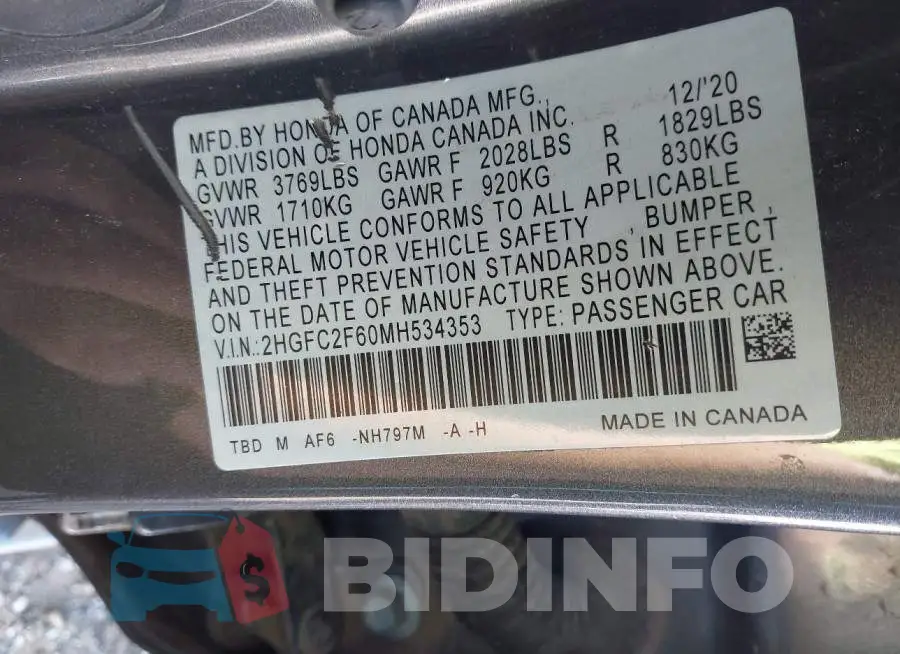 2HGFC2F60MH534353 Photo# 9