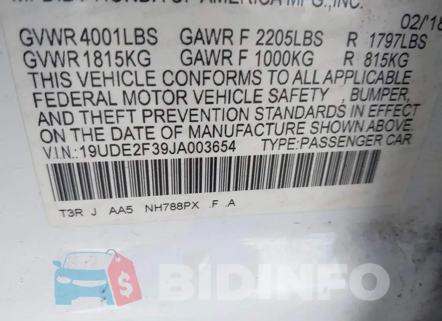 19UDE2F39JA003654 Photo# 9