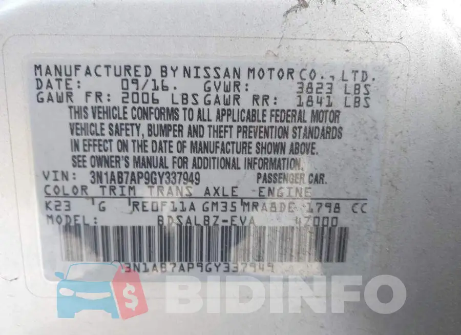 3N1AB7AP9GY337949 Photo# 9
