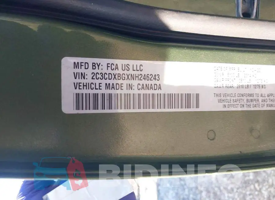 2C3CDXBGXNH246243 Photo# 9