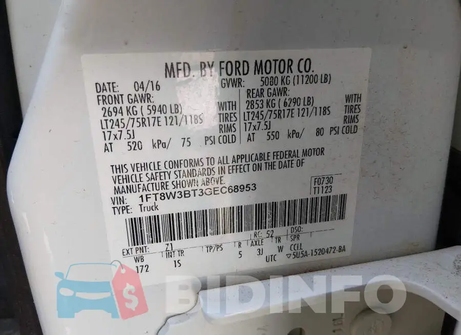 1FT8W3BT3GEC68953 Photo# 8