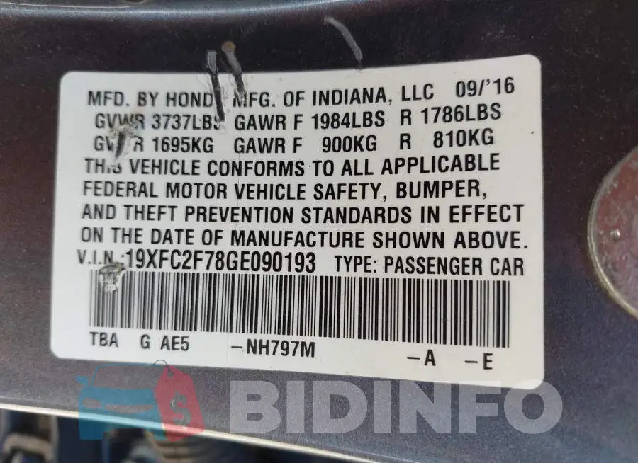 19XFC2F78GE090193 Photo# 9