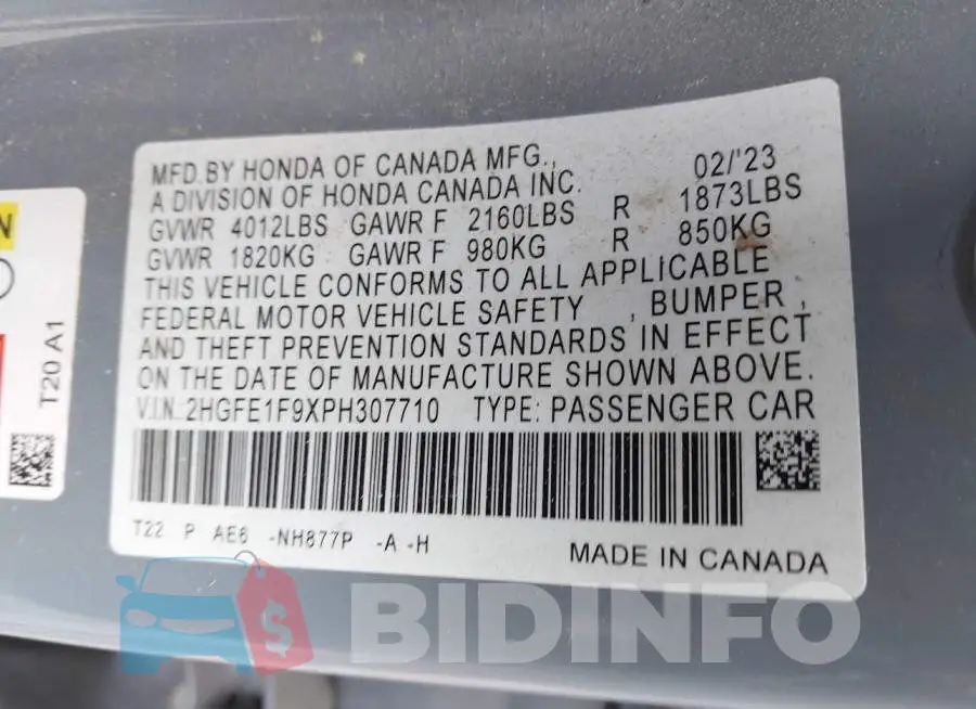 2HGFE1F9XPH307710 Photo# 9