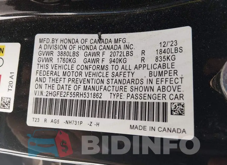 2HGFE2F55RH531862 Photo# 9