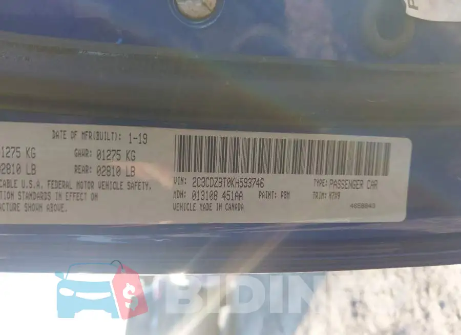 2C3CDZBT0KH593746 Photo# 9