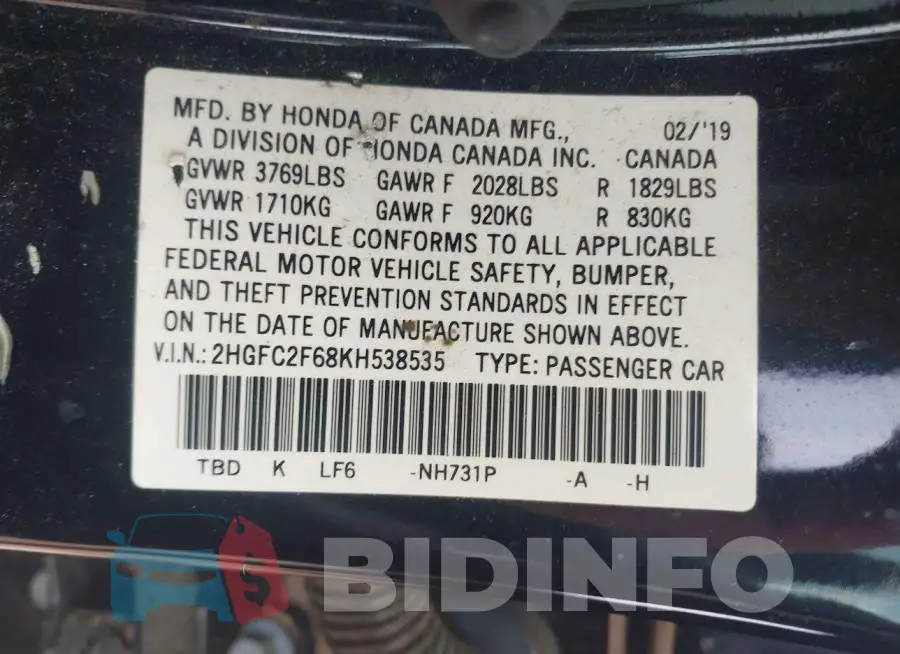 2HGFC2F68KH538535 Photo# 9