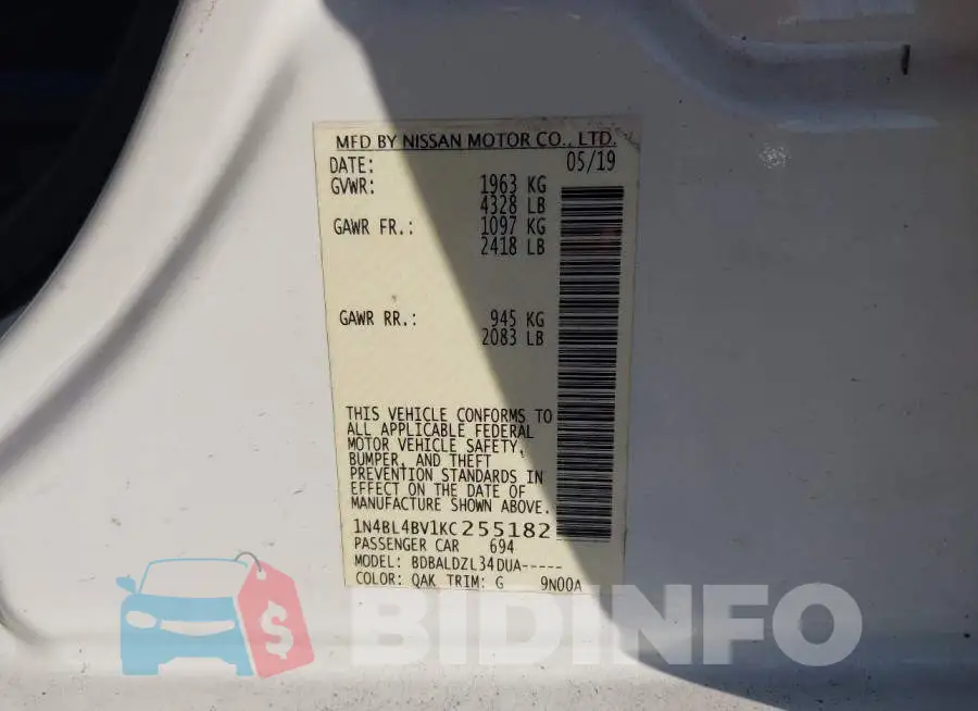 1N4BL4BV1KC255182 Photo# 9