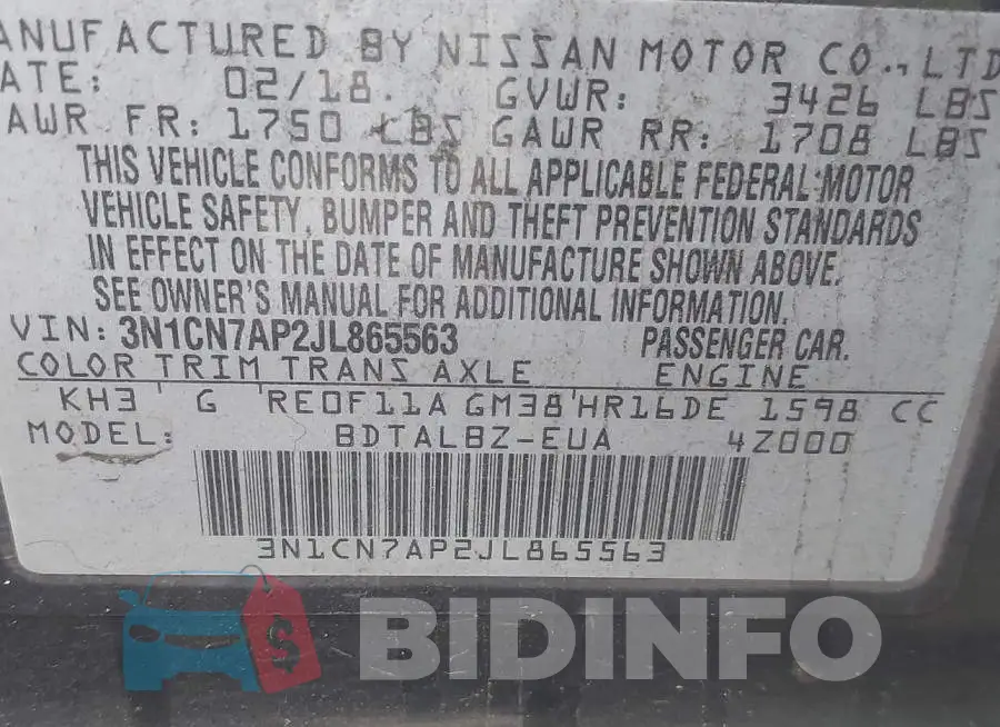 3N1CN7AP2JL865563 Photo# 9