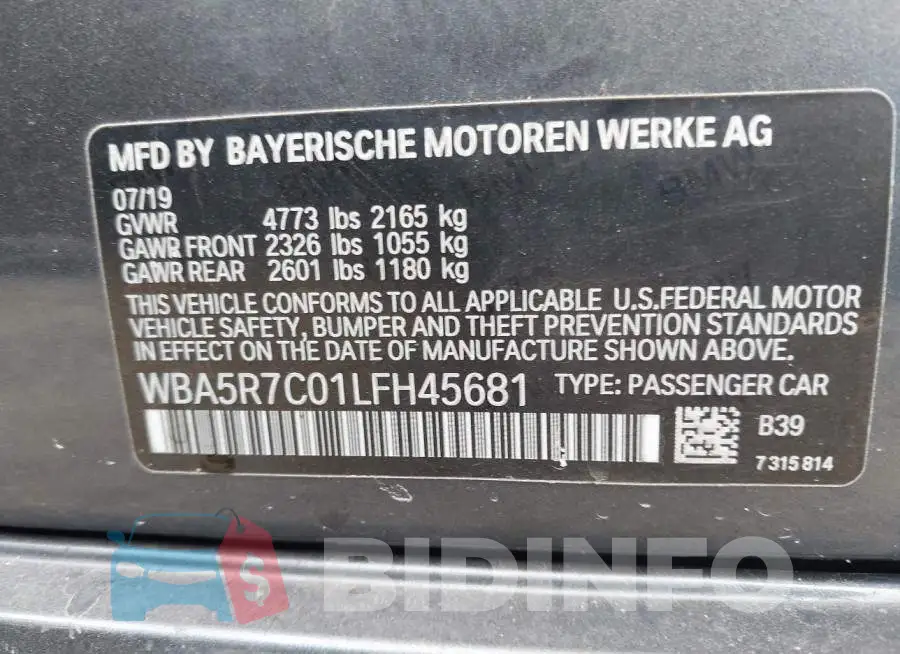 WBA5R7C01LFH45681 Photo# 9