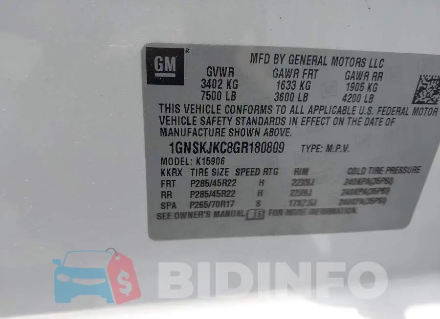 1GNSKJKC8GR180809 Photo# 9