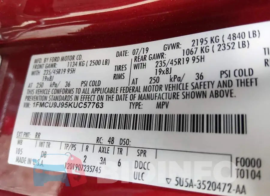 1FMCU9J95KUC57763 Photo# 9