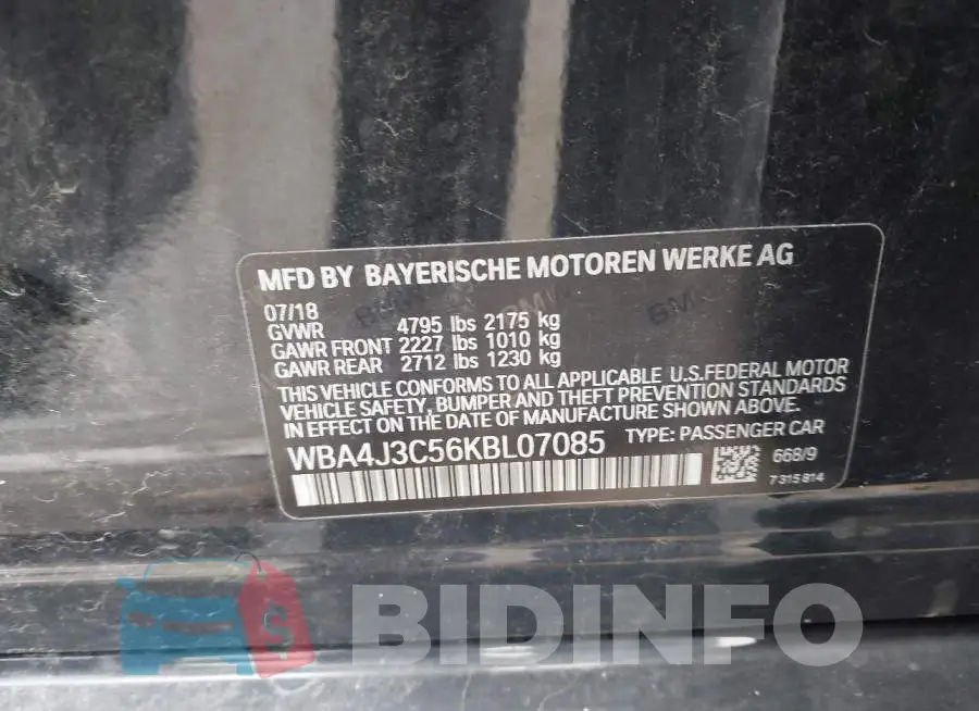 WBA4J3C56KBL07085 Photo# 9