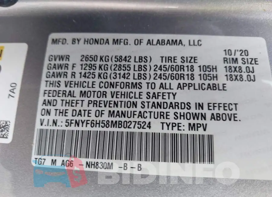 5FNYF6H58MB027524 Photo# 9