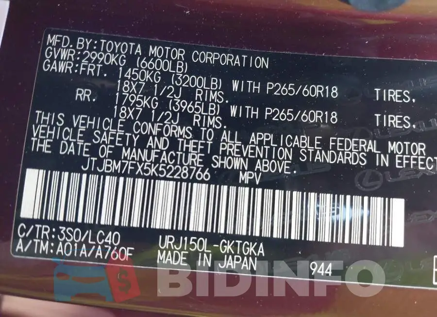 JTJBM7FX5K5228766 Photo# 9