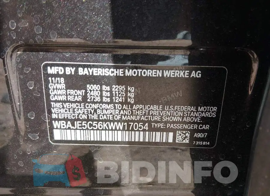 WBAJE5C56KWW17054 Photo# 9