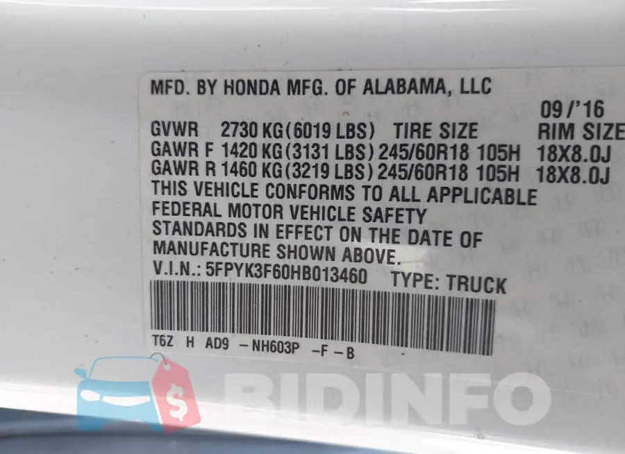 5FPYK3F60HB013460 Photo# 9