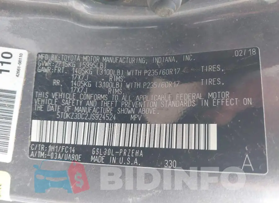 5TDKZ3DC2JS924524 Photo# 9
