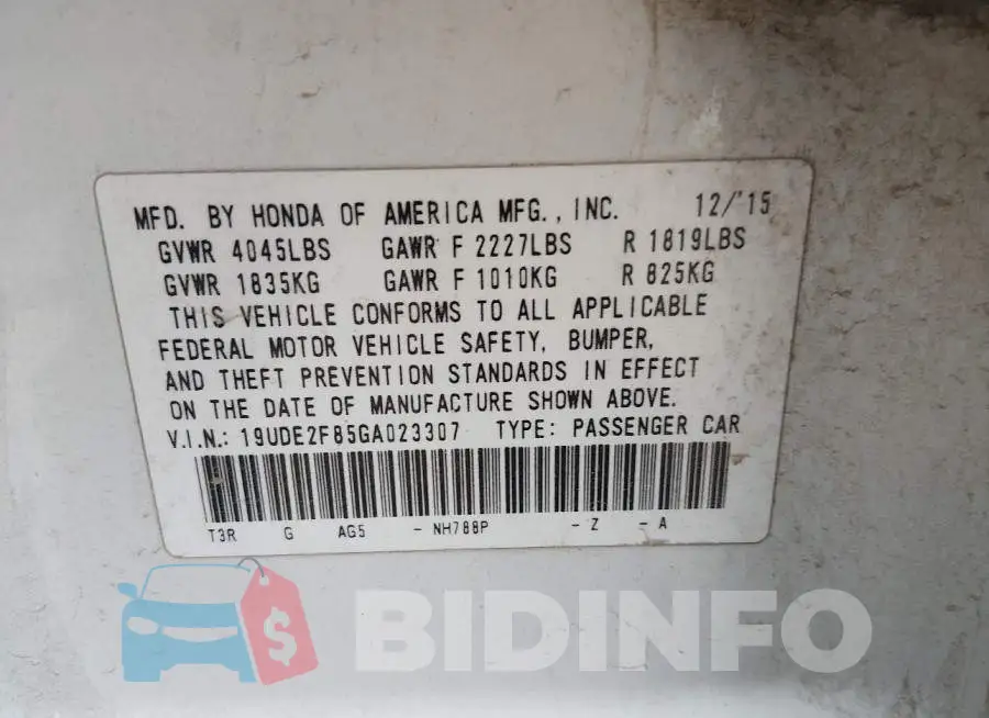 19UDE2F85GA023307 Photo# 9