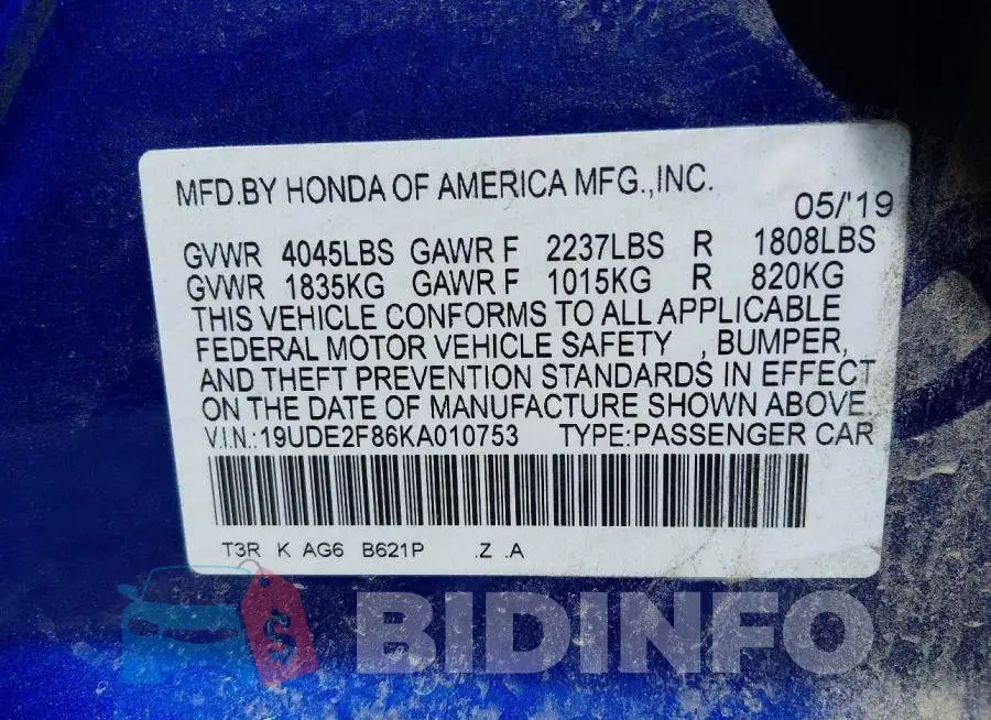 19UDE2F86KA010753 Photo# 9