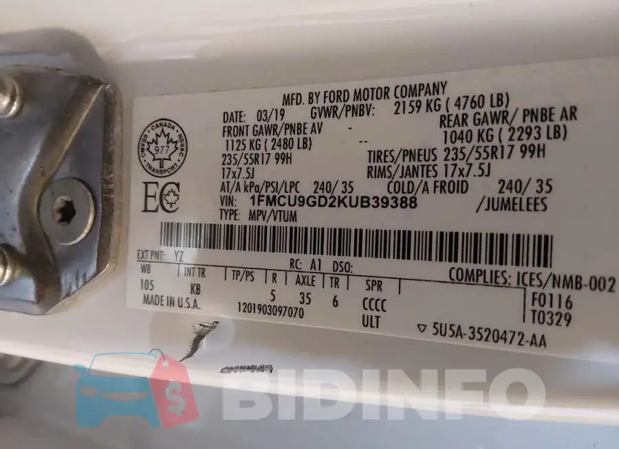 1FMCU9GD2KUB39388 Photo# 9
